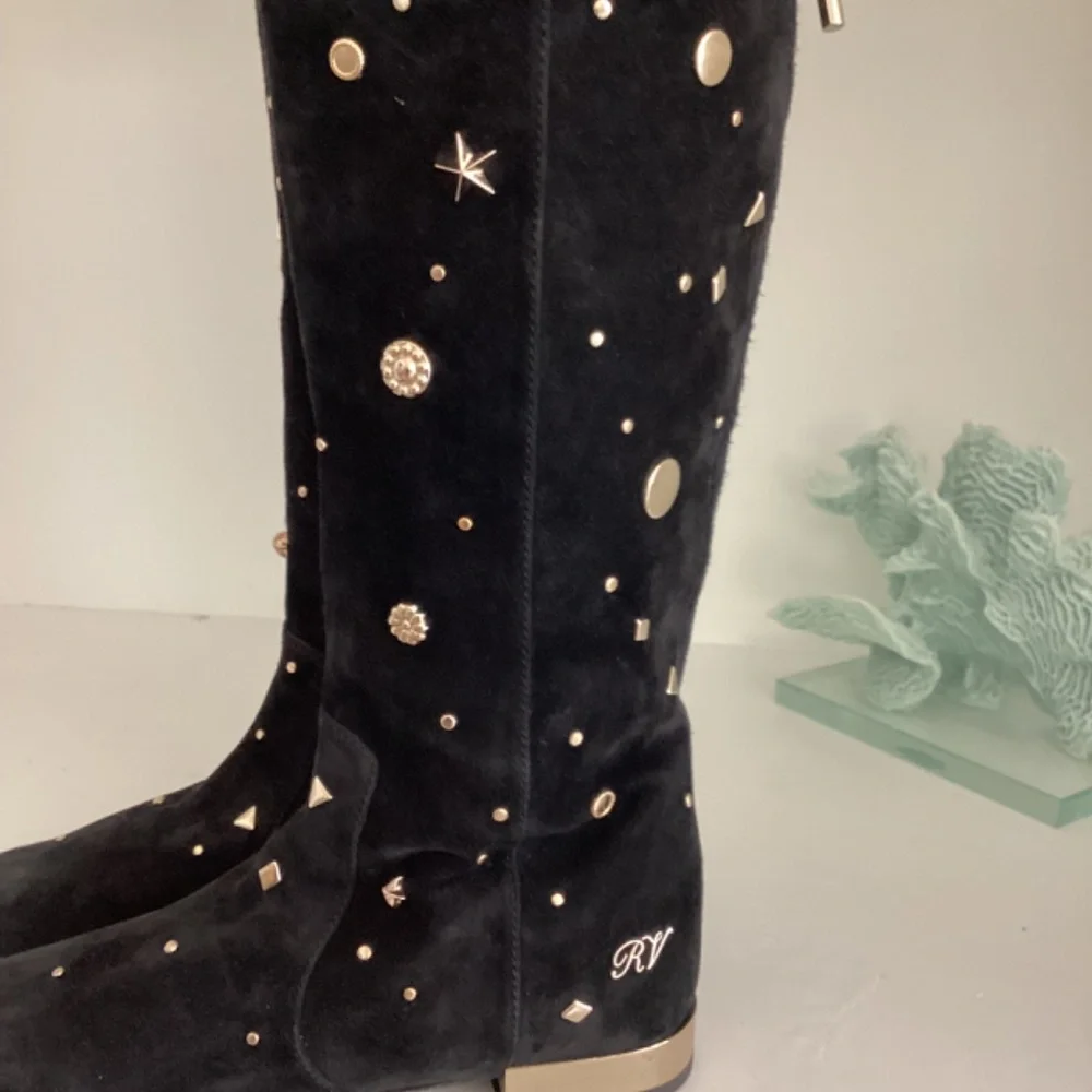REDUCED ROGER VIVIER Embellished Studded Accent Black Suede OTK Boots Size 37 7